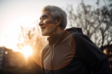 Portrait of a grey haired older man exercising outdoors. Generative ai