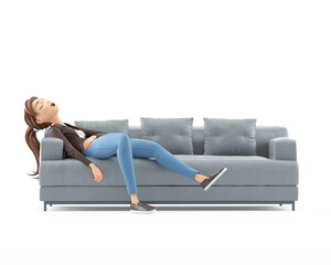 Wall Mural - 3d cartoon woman sleeping on sofa