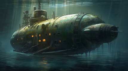 Wall Mural - Rustic submarine underwater in dock, generative ai