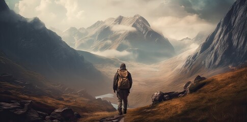 Canvas Print - Sporty man on the mountain peak looking on mountain valley with sunbeams at colorful sunset in autumn. Landscape traveler, foggy hills, forest in fall, amazing sky and sunlight in fall. Generative Ai