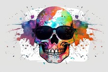 Scull In Sunglasses Realistic With Paint Splatter Abstract