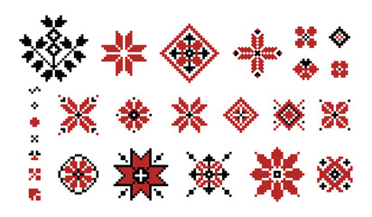 Ukrainian embroidery elements. Ethnic decorative elements for textile design, vintage Ukrainian decorative stitches for textile design. Vector ornamental elements set. Floral motif needlework