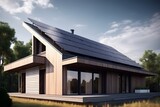 Fototapeta Londyn - Modern house with solar photovoltaic panels on the roof. 3D rendering style of eco house concept. Generative Ai.