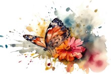 Colorful Butterfly Perched On A Blooming Flower In A Watercolor Painting. Generative AI