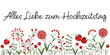 Alles Liebe zum Hochzeitstag, Text in deutsch. Grußkarte mit Blumen aus roten Herzen.