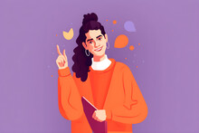 Flat Vector Illustration Photo Of Cute Sweet Lady In Orange Cardigan Pointing Thumbs Up At Empty Space Isolated On Purple Background