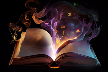 Wall Mural - Bewitched Book With Magic Glows In The Darkness. Generative Ai