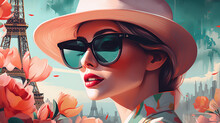 Retro: A Woman Wearing A Hat And Sunglasses In Front Of A Picture Of The Eiffel Tower. Generative AI