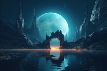 Wall Mural - serene body of water under a vibrant blue full moon. Generative AI