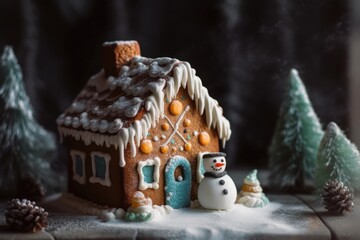 Poster - cozy winter scene with a gingerbread house, snowman, and snowfall. Generative AI