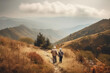 © Lazy_Bear - Senior couple hiking in mountains. Elderly tourists with bikepacks travelling outdoor. Active lifestyle in old age. Created with Generative AI