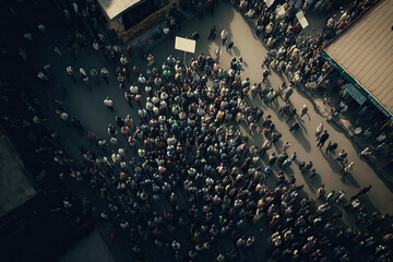 Poster - Protesting crowd at city street. Protesting people marching at city, aerial view. Social problems in society, struggle for rights. Protest activists. Created with Generative AI