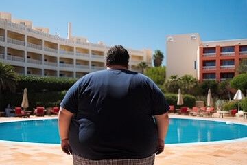 Back view of fat man with overweight standing near swimming pool at hotel resort. Problem of obesity during summer holidays. Created with Generative AI