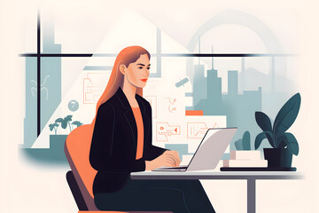 Flat vector illustration Successful confident caucasian businesswoman in elegant clothes, executive, recruiter, product manager, sitting in modern office, working on lapto