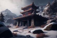 Illustration Of Abandoned Buddhist Temple Amidst Snowy Mountains. Generative AI
