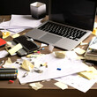 Laptop, notes and office stationery in mess on desk. Overwhelmed with work, work burnout concept. Generative AI content.