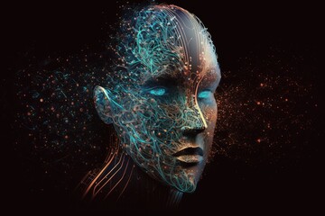 Wall Mural - Female face with a digital brain in the background