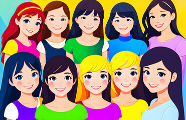 Illustration in vector a group of girls, hair of different colors, women's solidarity. 2d. friendship of Peoples. school. smiles.