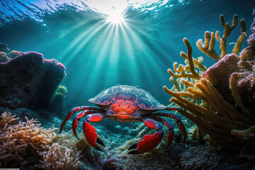 Underwater closeup picture of the crab and sunlight in the ocean coral reef (ai generated)