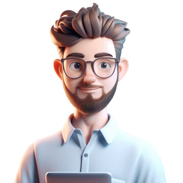 3d icon avatar cartoon hipster character, stylish smiling man with beard with tablet, cartoon close 