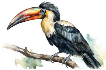 Sticker - colorful toucan perched on a tree branch in a tropical setting. Generative AI