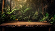 Rustic wooden table against the backdrop of tropical plants, palms. Generative Ai