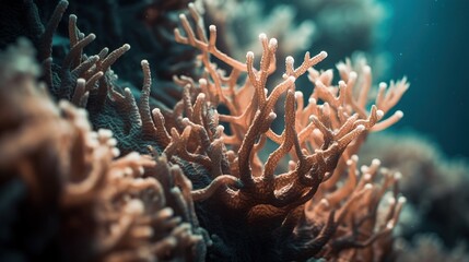 Poster -  a close up of some corals in the water with a blue sky in the background of the picture and a black background.  generative ai