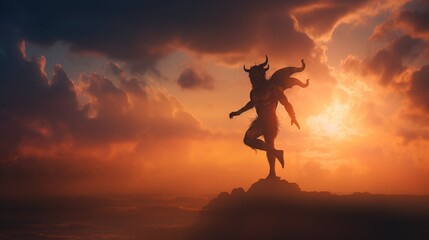  a statue of a man and a woman standing on a rock in front of a sunset with clouds in the sky and a sun behind them.  generative ai