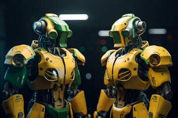 Two Futuristic Robots Before Match In Yellow And Green Color, Made Using Generative Ai