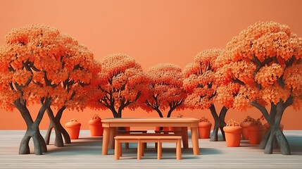 Wall Mural - Wooden table and orange trees for product. Generative Ai