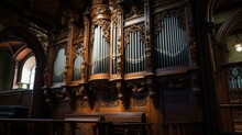 A Majestic Grand Pipe Organ, With Intricate Pipes And A Stunning Wooden Case. Generative AI