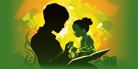 Wall Mural - Colorful illustration of parent and child reading, Generative AI Art