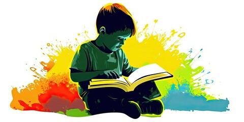 colorful illustration of a child reading a book