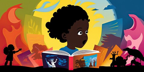 colorful illustration of a child reading a book