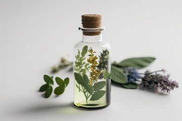 Sticker - a bottle of herbal essential oil on a white backdrop. Generative AI