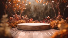 Autumn Scene With Minimal Wooden Product Podium Display, Circular Dais Showcase Platform With Copy Space. Outdoor Background. AI Generative Image.
