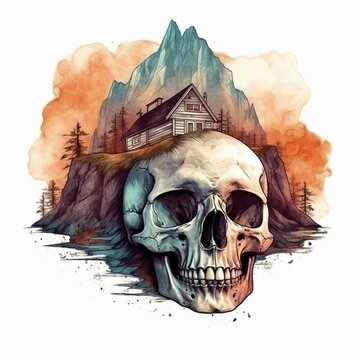watercolor painting of a majestic skull-shaped house