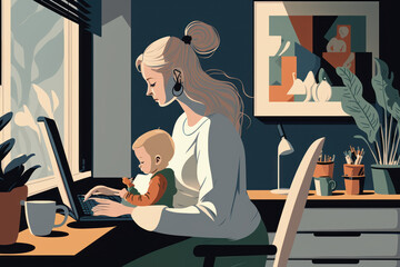 Illustration of a young mother working at home with the baby on the lap. Generative Ai