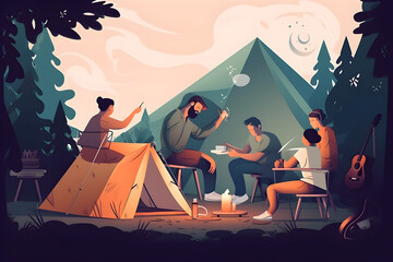 Flat vector illustration Group of diverse friends camping in a tent outdoors.