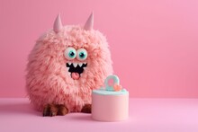 Cute Fluffy Monster With A Bright Birthday Cake On A Pink Background. Colored Toy Congratulations. Generative AI