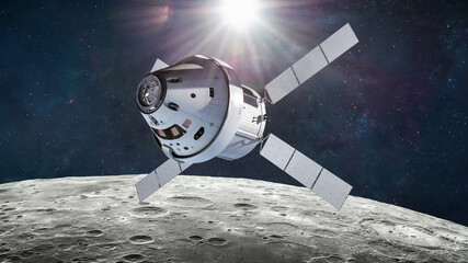 Poster - Orion spacecraft landing on Moon surface. Spaceship of Artemis mission with astronauts near Moon. Exploration of our satellite. Return on Moon. Elements of this image furnished by NASA