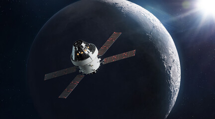 Wall Mural - orion spacecraft on orbit of moon. spaceship of artemis mission with astronauts near moon surface. e