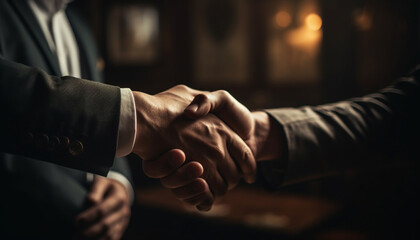 Poster - Businessmen in suits seal agreement with handshake generated by AI