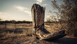Cowboy boot on rustic fence in sunset generated by AI