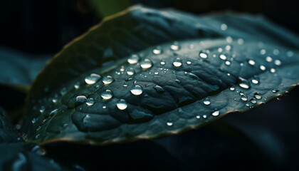 Poster - Shiny raindrop on leaf, symbolizes freshness generated by AI