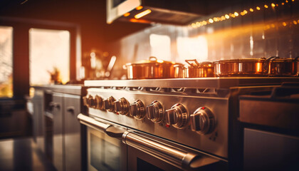 Shiny steel stove heats fresh food inside generated by AI