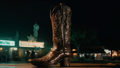 Poster - Walking men in leather boots, illuminated nightlife sign generated by AI