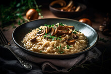 Bowl Of Creamy Risotto With Sautéed Mushrooms, Garnished With Parmesan And Fresh Herbs.