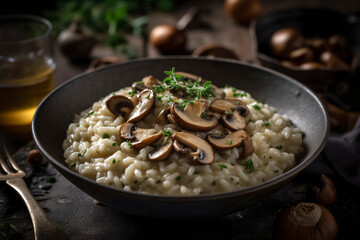 Bowl of creamy risotto with sautéed mushrooms, garnished with parmesan and fresh herbs.