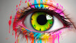 Human eye close up with colorful paint, ink splashes and drips